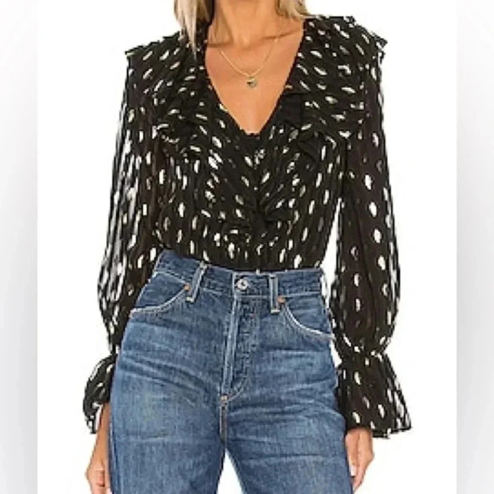 House of Harlow 1960 x Revolve Evora Bodysuit in Noir Gold Ruffle Long Sleeve S